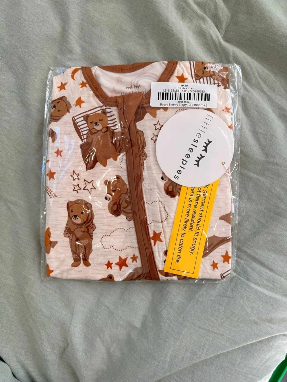 Little Sleepies Beary Sleepy Zippy 3-6 months Zippered Footie